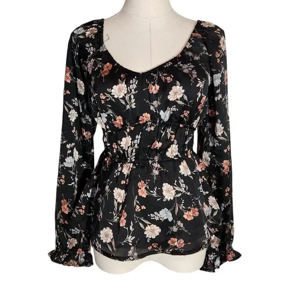 Papermoon Black Floral Empire Waist Long Sleeve Blouse New With Tags Women's S - Picture 5 of 12